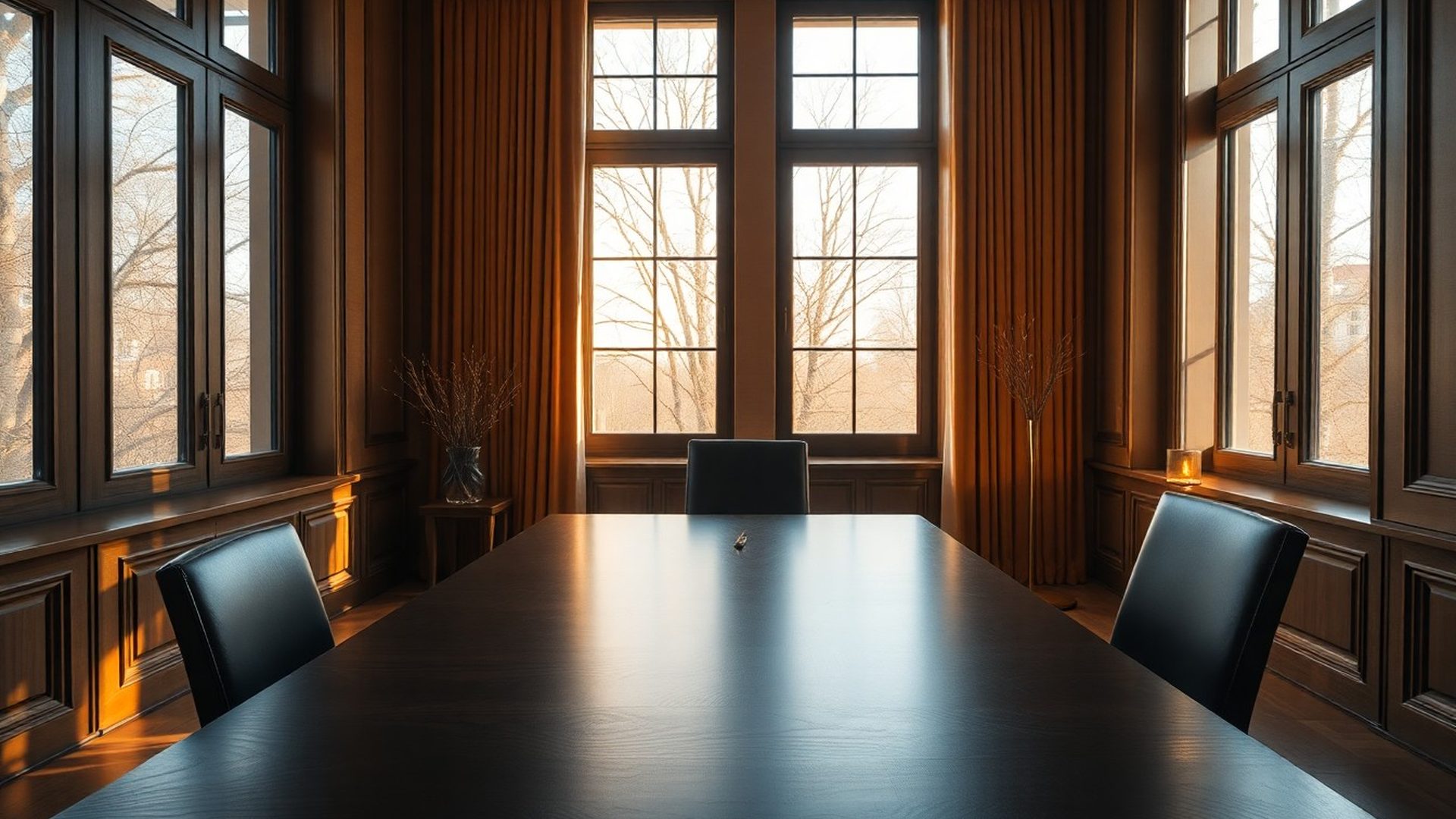 Birou elegant în tonuri de antracit și auriu, cu lumină caldă de după-amiază