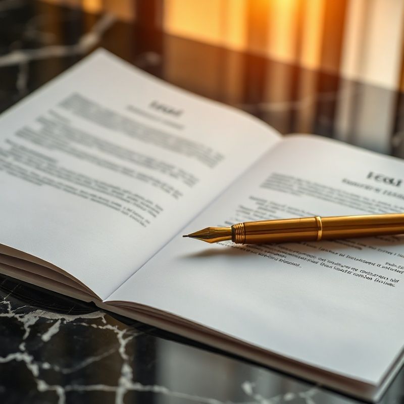 Document juridic deschis pe o suprafață de marmură închisă la culoare, cu un stilou auriu alături
